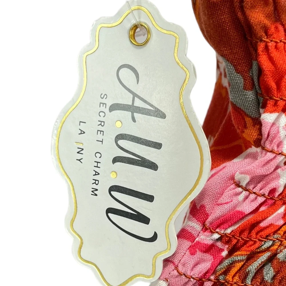 AUW Women’s Large Orange & Pink Floral Wide‎ Leg Pants Jumpsuit Tie Straps Boho